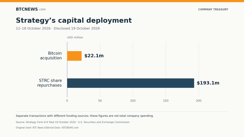 Horizontal bars compare Strategy’s disclosed capital uses from October 12 to 18, 2026: $22.1 million for Bitcoin acquisition and $193.1 million for STRC share repurchases. They are separate transactions with different funding sources.